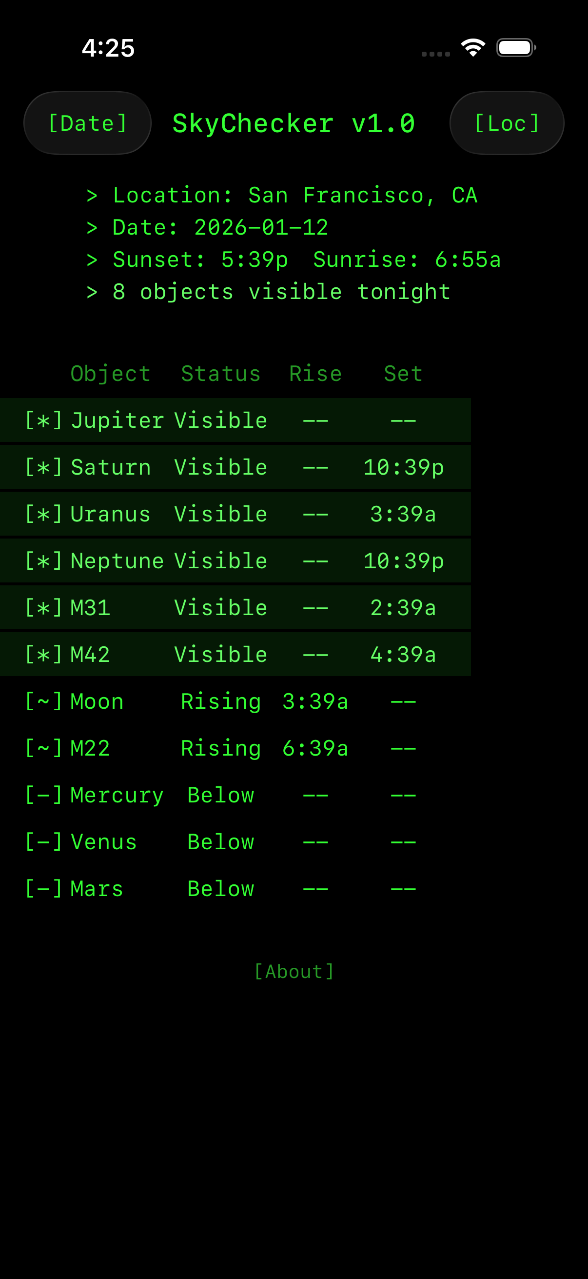 SkyChecker app screenshot showing tonight's visible celestial objects